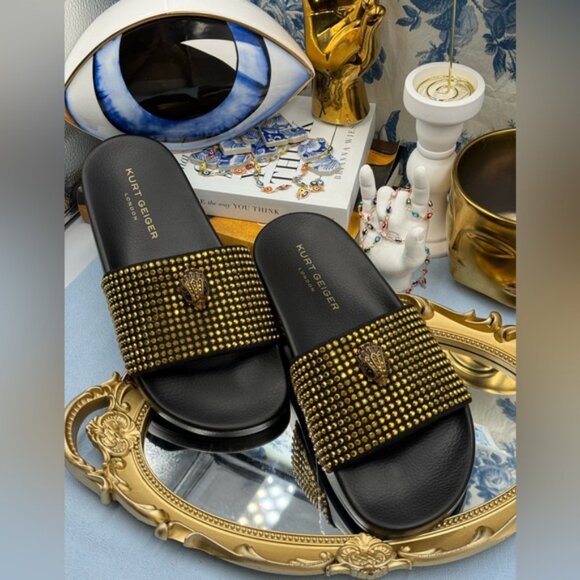 🆕 KURT GEIGER LONDON 🧿 NWOB Meena Eagle Black & Gold Studded Slide, Sz 8.5 - Picture 5 of 12
